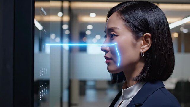 Woman performing facial recognition scan on access panel. Biometric authentication process in modern office. Secure technology for identity verification and entry.