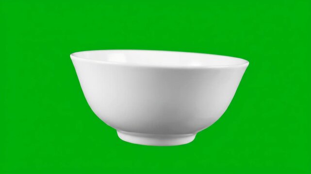 This pristine white ceramic bowl rotates smoothly on a green screen, ideal for chroma keying and product presentations.