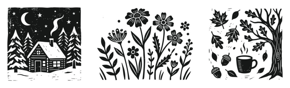 Set of three black and white rustic illustrations depicting winter cabin, wildflowers, and autumn tree with coffee mug