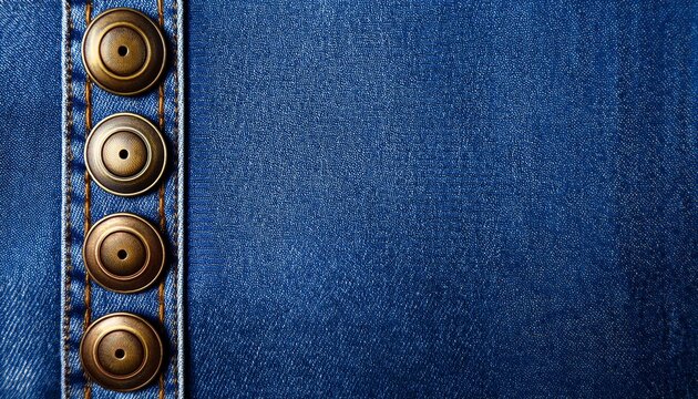 textured blue denim fabric background with vintage metal buttons along edges
