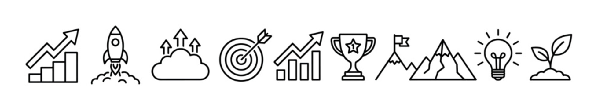 Set of black line art icons representing business growth, success, and startup concepts like rocket launch, target, trophy, and new ideas for development and achievement