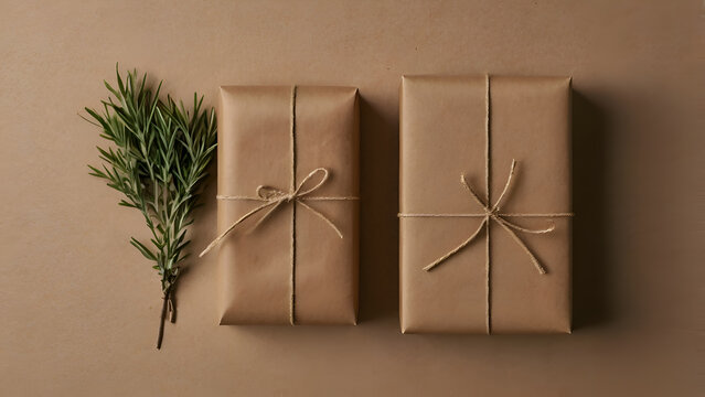 Sustainable packaging flat lay with kraft paper textures,  top view, clean composition