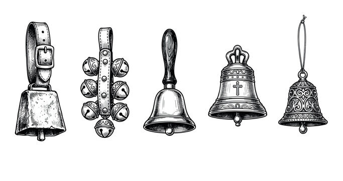 Collection of five vintage bells including a cowbell, jingle bells, handbell, and church bell in a detailed black and white hand-drawn sketch illustration style