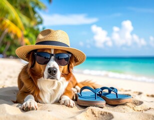Fototapeta premium Dog lying on sandy beach in summer banner with sunglasses hat and flip-flops, fun vacation pet lifestyle concept for travel ads, seasonal visuals, copy space 