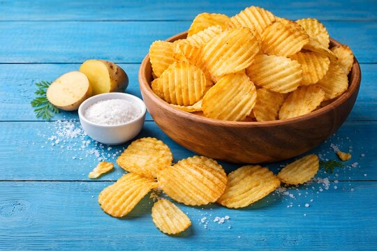 Delicious golden crunchy potato crisps in a rustic wooden bowl with sea salt on blue background.