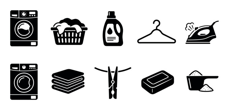 Collection of black laundry icons including a washing machine, detergent bottle, basket, steam iron, hanger, folded towels, clothespin, soap, and washing powder