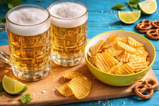 Beer and snacks. Two glasses of lager and crunchy potato chips on a wooden board.