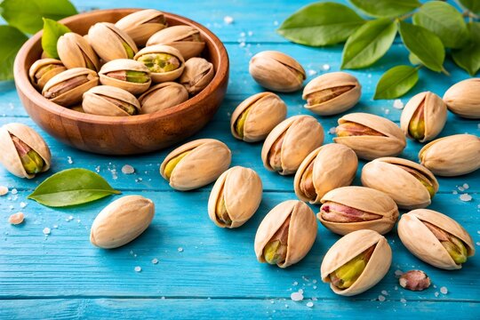 Close-up of roasted pistachio nuts in shell, a healthy vegan snack on a rustic blue wooden table.