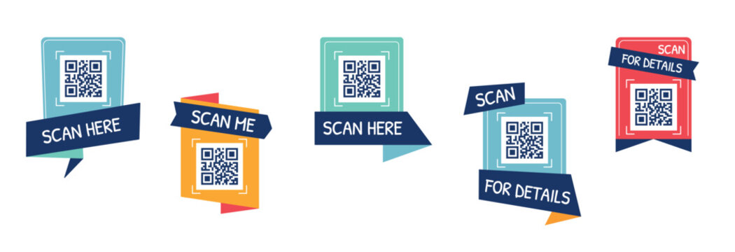 QR scan call-to-action labels collection with frames and badges. Scan here, scan now and scan me QR code elements. Modern minimal vector templates for mobile apps and websites