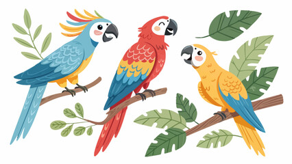 Naklejka premium Vibrant tropical parrots perched on branches with lush green leaves colorful plumage on white background