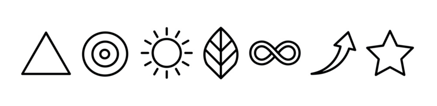 Set of seven black line art icons representing concepts like goals, growth, and nature, including a triangle, target, sun, leaf, infinity symbol, arrow, and star