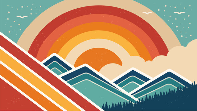 Vibrant abstract gradient banner with layered mountains rainbow sunset and stylized clouds in a serene landscape
