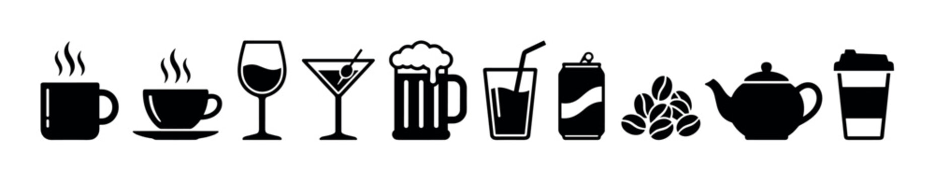 Set of black drink and beverage icons including a coffee mug, teacup, wine glass, martini, beer stein, soda can, teapot, and coffee beans in a simple silhouette vector style