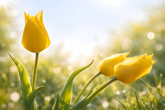 Fresh yellow tulips blooming in the garden under bright sunbeams, spring morning dew.
