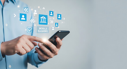 A person interacts with a mobile device displaying various icons and symbols in an office setting with technology and communication elements.