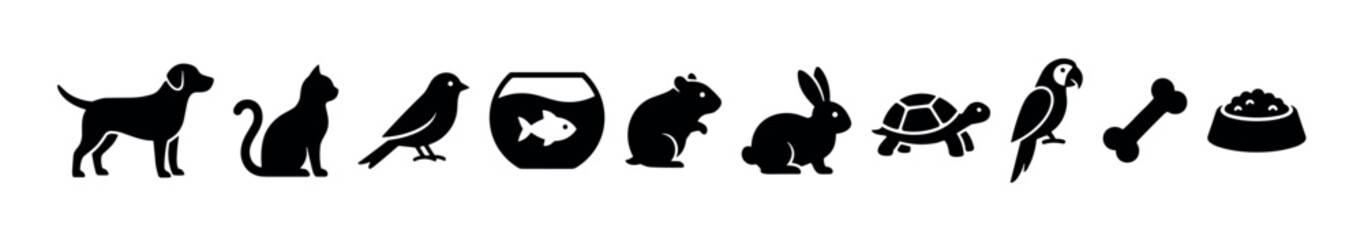 Fototapeta premium Set of black pet icons featuring a dog, cat, bird, fish, hamster, rabbit, turtle, parrot, bone, and food bowl, representing various domestic animals and pet care concepts