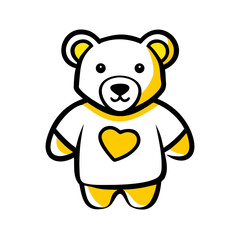 Obraz premium White bear cub illustration in t-shirt with heart design, charming cartoon graphic. Friendly bear cub stands upright, featuring yellow accents on ears and paws, ideal for children themed content.