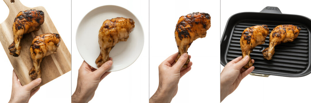 Grilled chicken legs on plate and grill barbecue
