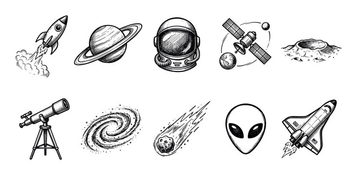 Collection of hand-drawn space exploration icons featuring a rocket, planet, astronaut helmet, satellite, and alien in a vintage black and white sketch illustration style
