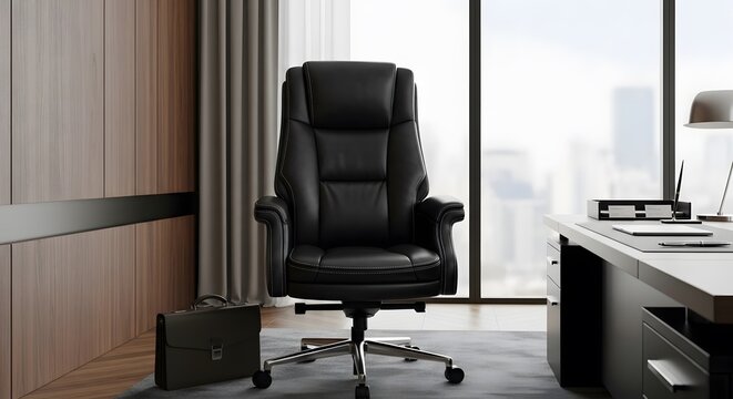 Luxury leather office chair in modern office interior setting , modern corporate concept, texture background, copy space