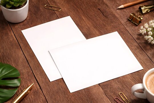 Stationery mockup with two empty white cards, golden pen, succulent and coffee on wooden background.
