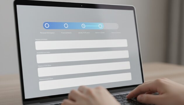 Closeup of a laptop displaying a digital credit onboarding portal focused screen emphasizing form fields and progress with blurred fingers typing nearby.