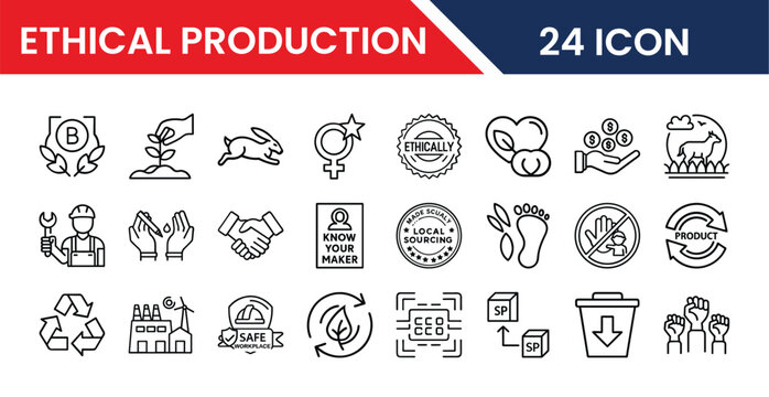 Sustainable production icons pack in vector format for web and app UI design including ethical manufacturing, fair trade, eco friendly industry, responsible production, and green business symbols