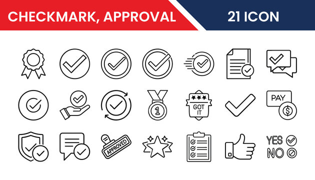 Approval and tick icons pack in vector format for web and app UI design including checkmark, success, verified, validation, completed, and confirmation symbols
