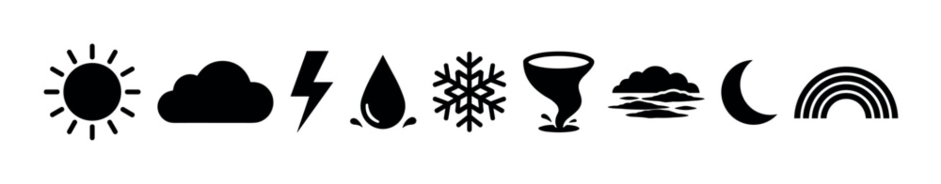 Set of black weather condition icons showing sun, cloud, lightning, rain, snow, tornado, fog, moon, and rainbow, presented as a simple minimalist graphic symbol collection