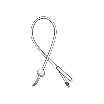 Detailed medical illustration of a urinary foley catheter with inflation balloon and dual port tubing used for bladder drainage and catheterization procedures in healthcare settings