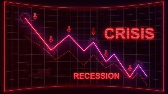Neon chart displaying economic crisis and recession with decreasing graphs and downward arrows on a black background