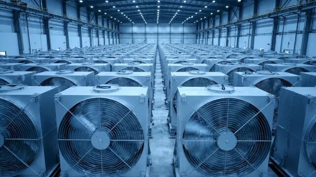 View of a vast industrial interior showcasing rows of large-scale cooling systems, crucial for data center operations.