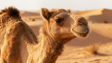Obraz premium Camel in desert sand dunes under warm sunlight. Image suitable for travel banners, nature articles, tourism advertising, flyers, educational materials, and website design.