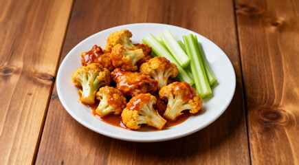 Crispy cauliflower buffalo wings with buffalo sauce and celery sticks on rustic wooden table.