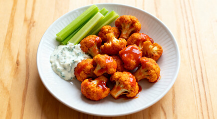 Vegan cauliflower buffalo wings with dipping sauce and celery served on wooden table.