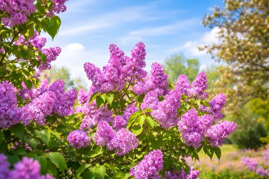 Vibrant lilac bush in full bloom on a sunny spring day, nature background.
