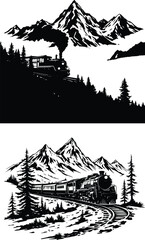 Obraz premium Mountain landscape with train travelling vector illustration