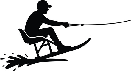 Black silhouette adaptive water skier using sit ski, athlete holding tow rope, extreme water sport vector illustration isolated