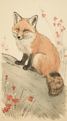 Fototapeta premium Japanese wood block print illustration of red fox wildlife animal mammal.
