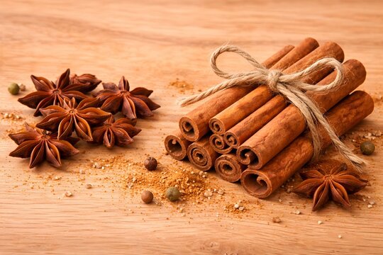 Aromatic baking ingredients. Cinnamon bark bundle, brown sugar, star anise and fresh mint leaves on rustic wood.
