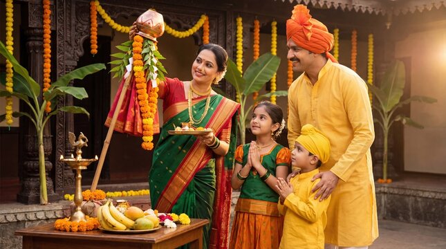 happy indian family celebrating gudhi padawa festival together at home