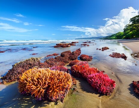 colorful coral heads near sandy playa cocles costa rica at sunny low tide