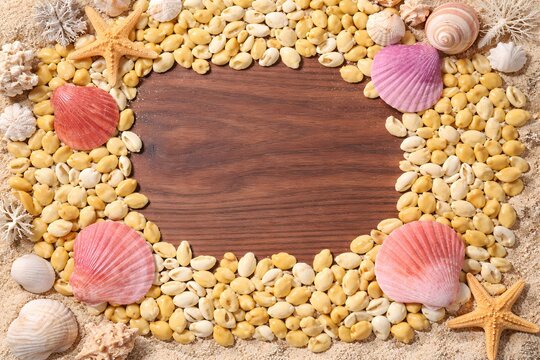 Summer beach background with seashells and starfish frame on wooden board