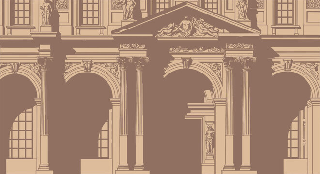 Classic building facade, ancient architecture, brown vector illustration, ornate columns