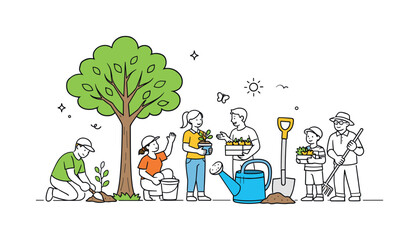 Residents organizing a neighborhood effort to restore a small urban park and bring more greenery into their community environment, visual metaphor of a large young tree beside a watering can