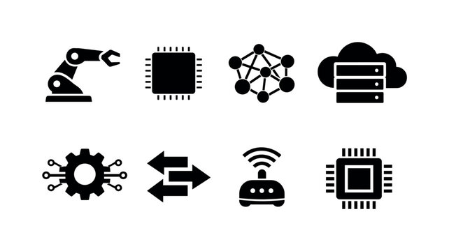 Artificial intelligence automation: robotic arm, microchip, neural network nodes, cloud server, gear with circuit lines, data flow arrows, smart sensor, processor chip
