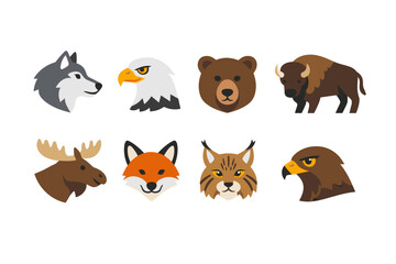 Fototapeta premium Collection of North American wildlife animals in a flat vector illustration style