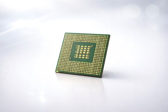 Modern computer processor microchip on white reflective background.