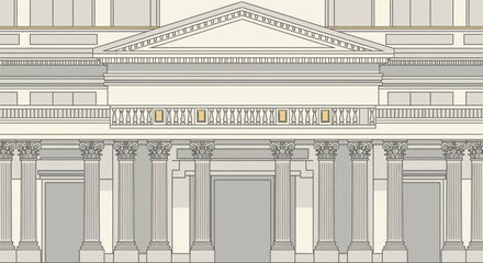 Fototapeta premium Classic building facade, neoclassical architecture, columns and pediment, gray and gold illustration
