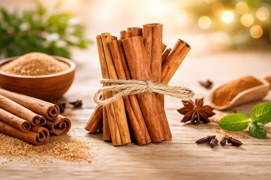 Aromatic baking ingredients. Cinnamon bark bundle, brown sugar, star anise and fresh mint leaves on rustic wood.
